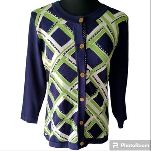 August Silk Cardigan Sweater in Green, Navy Blue and White